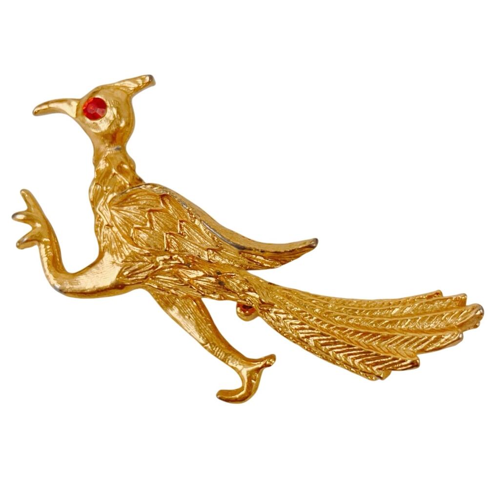 VTG Mid Century Roadrunner Brooch Rhinestone Gold Tone Figural Pin, Whimsy 50s